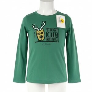 Life is Good Girls Green Reindeer Long Sleeve Graphic Tee‎ Shirt North Pole M